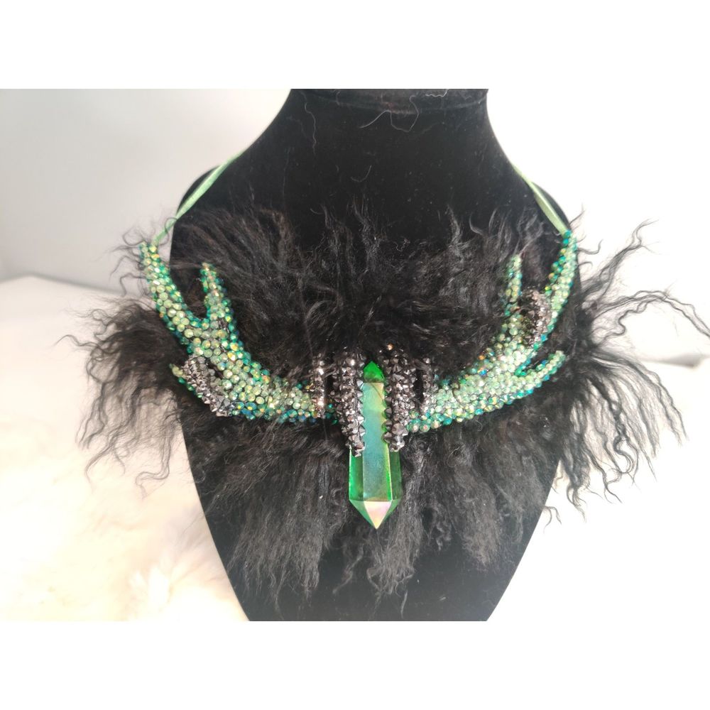 Green Apple Aura Angel Clear Quartz Deer Antler Necklace w Mongolian Fur